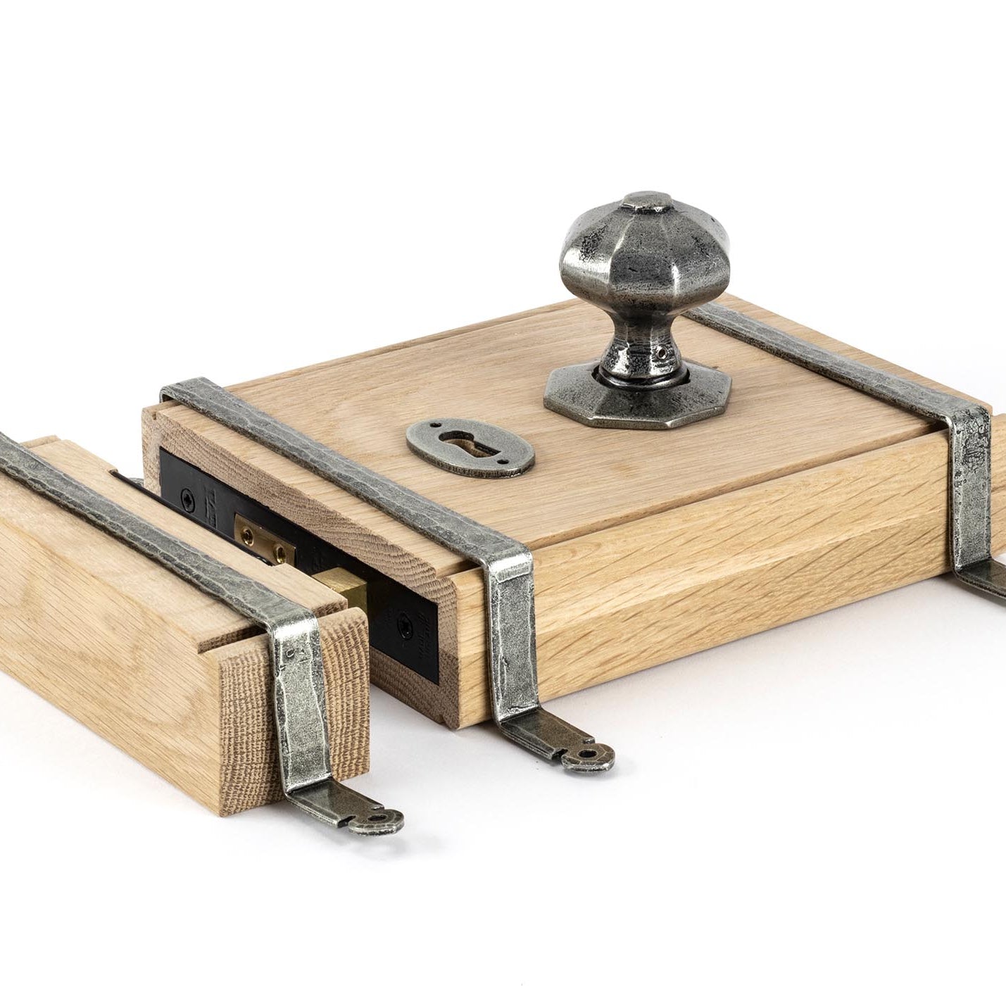 From The Anvil's Pewter Patina Oak Box Lock & Octagonal Knob Set
