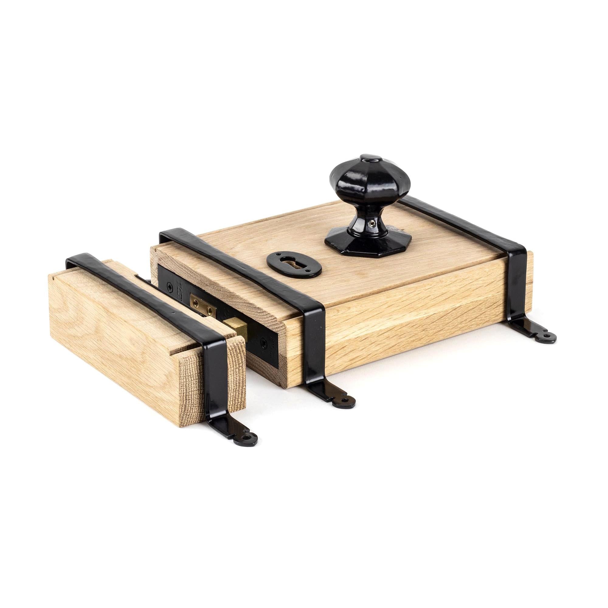 From The Anvil's Black Oak Box Lock & Octagonal Knob Set