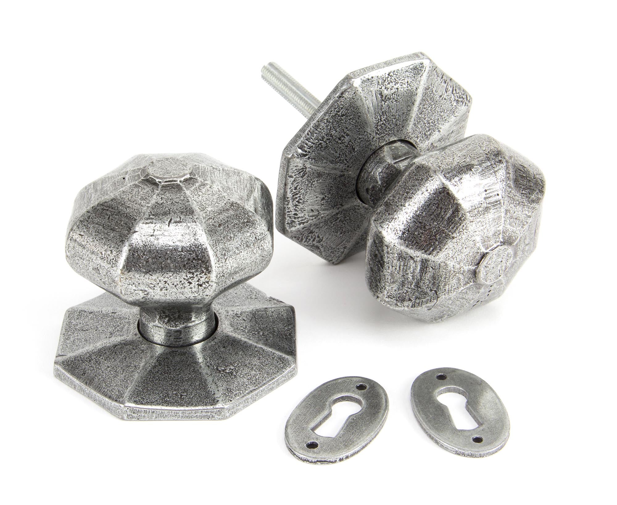 From The Anvil's Pewter Patina Octagonal Mortice/Rim Knob Set