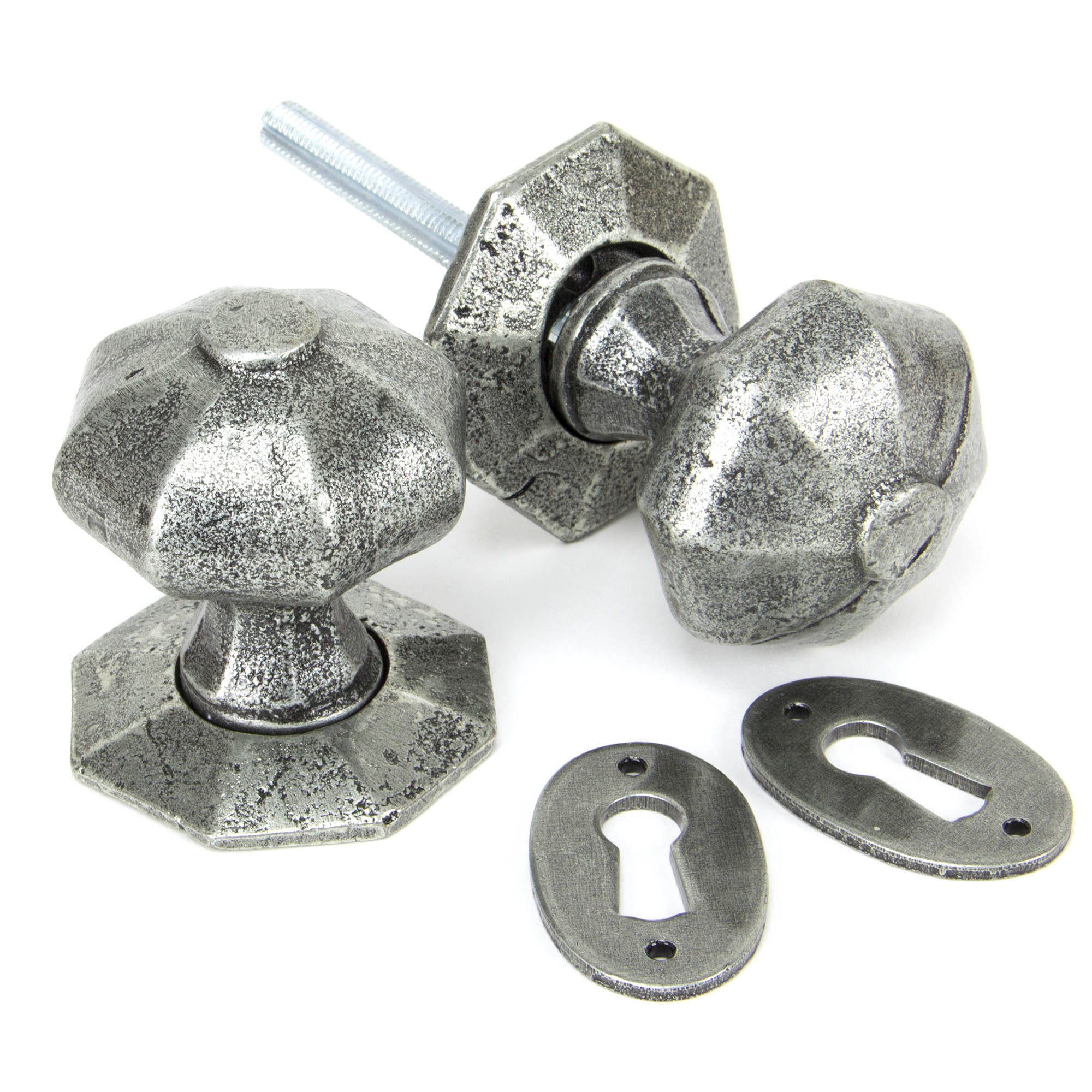 From The Anvil's Pewter Patina Octagonal Mortice/Rim Knob Set