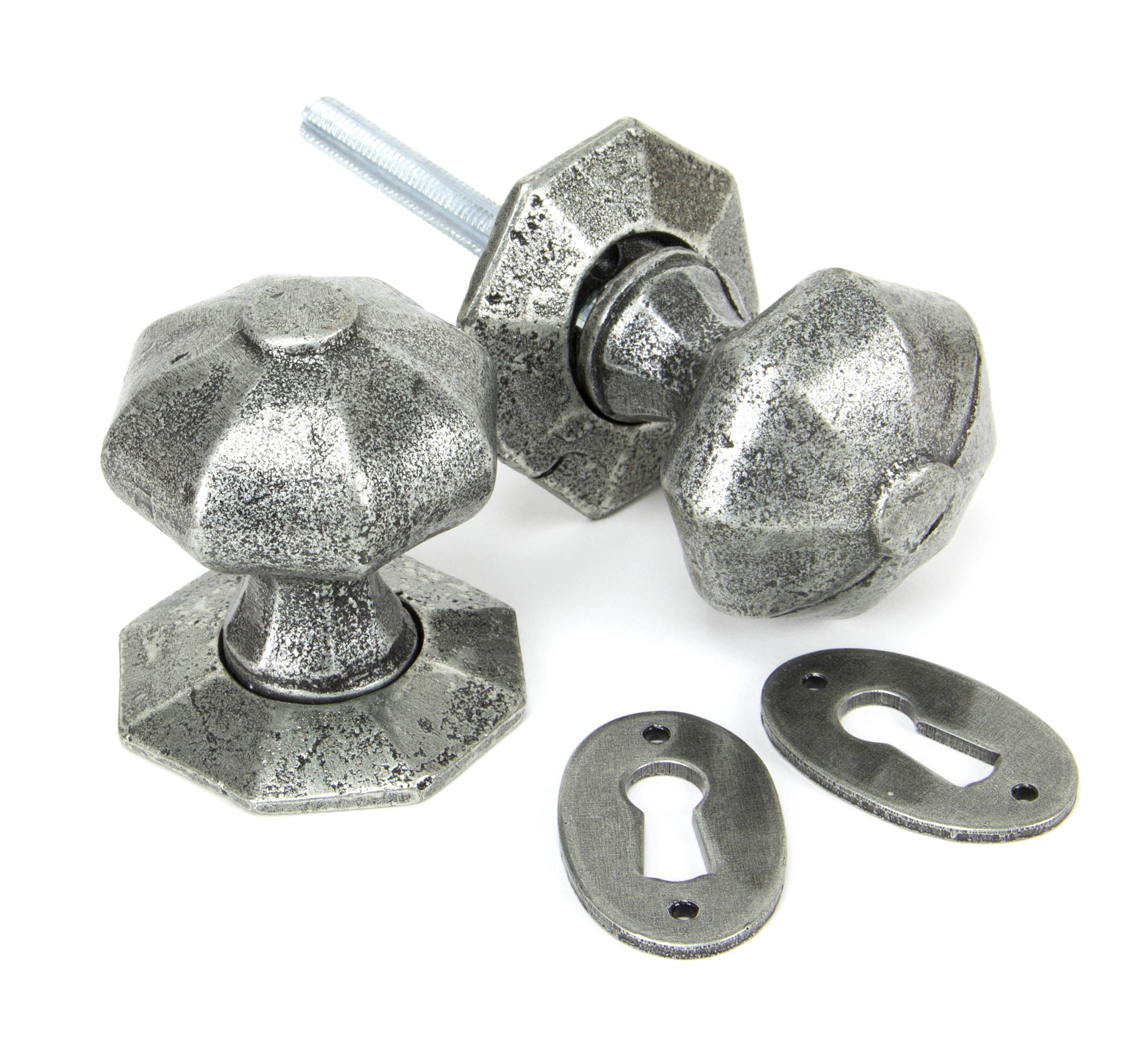 From The Anvil's Pewter Patina Octagonal Mortice/Rim Knob Set