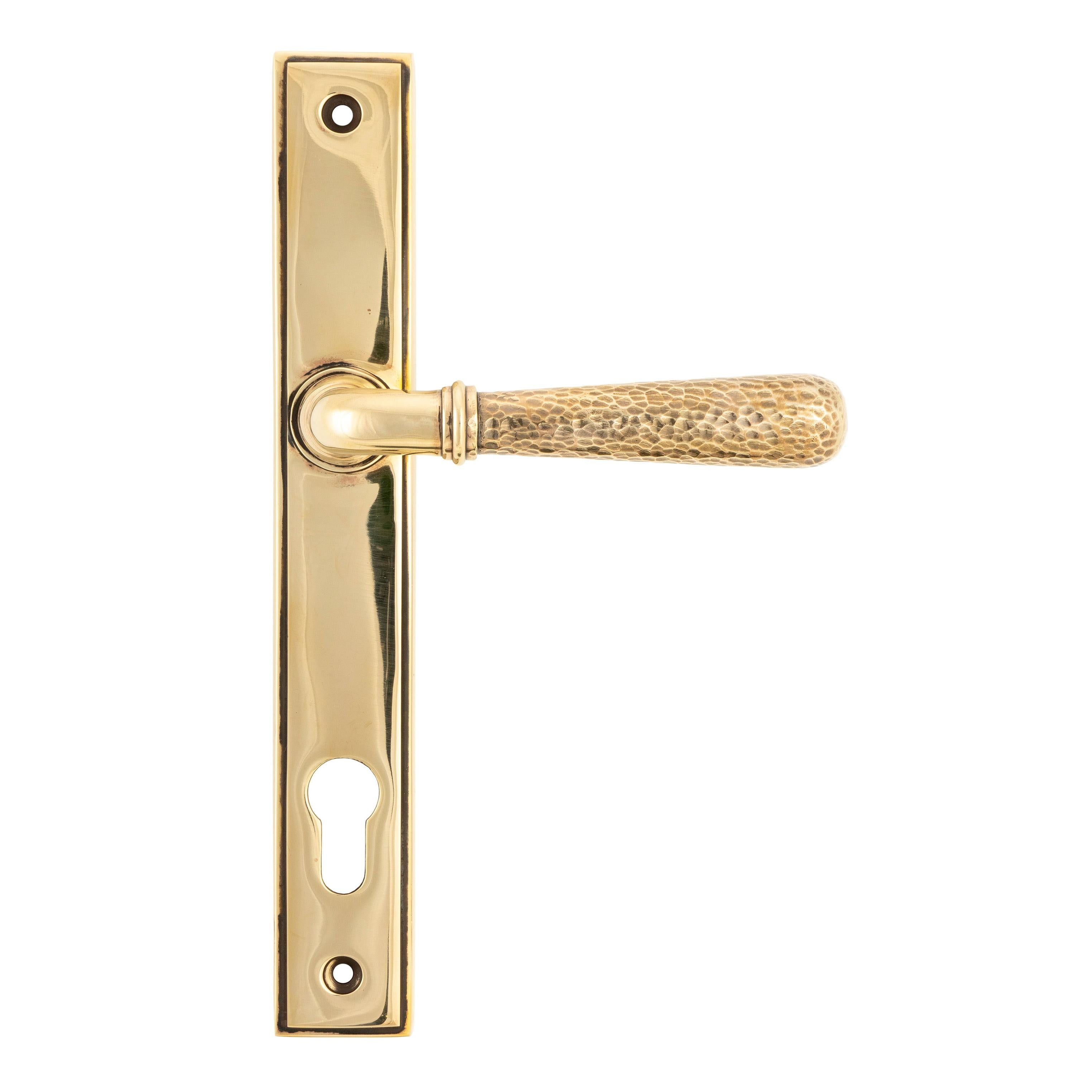 From The Anvil's Aged Brass Hammered Newbury Slimline Espag. Lock Set
