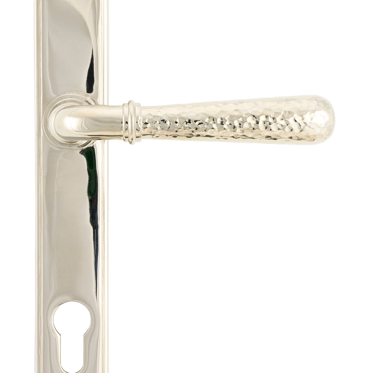 From The Anvil's Polished Nickel Hammered Newbury Slimline Espag. Lock Set