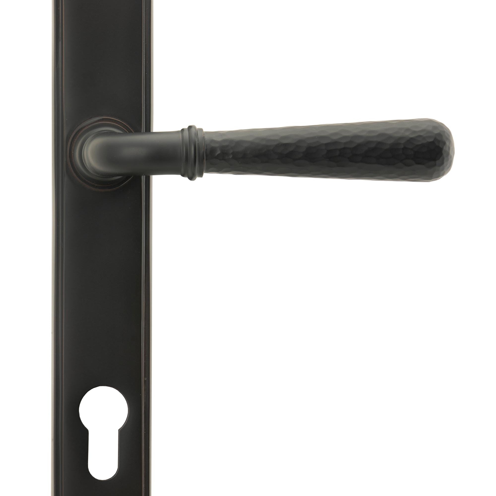 From The Anvil's Aged Bronze Hammered Newbury Slimline Espag. Lock Set