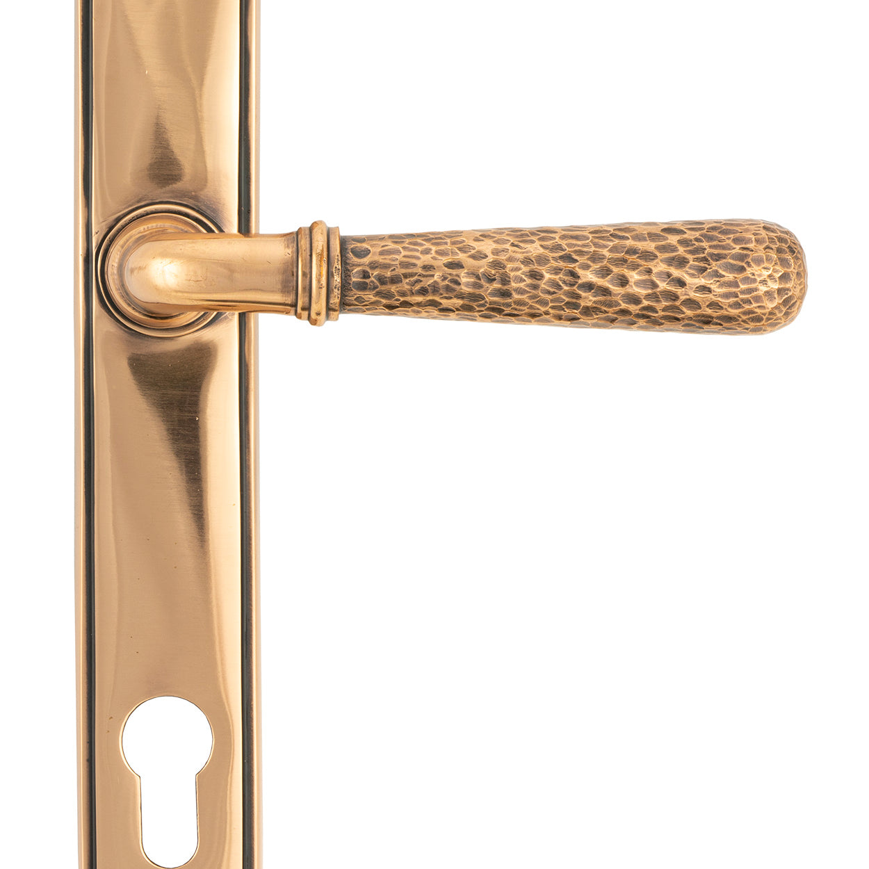 From The Anvil's Polished Bronze Hammered Newbury Slimline Espag. Lock Set