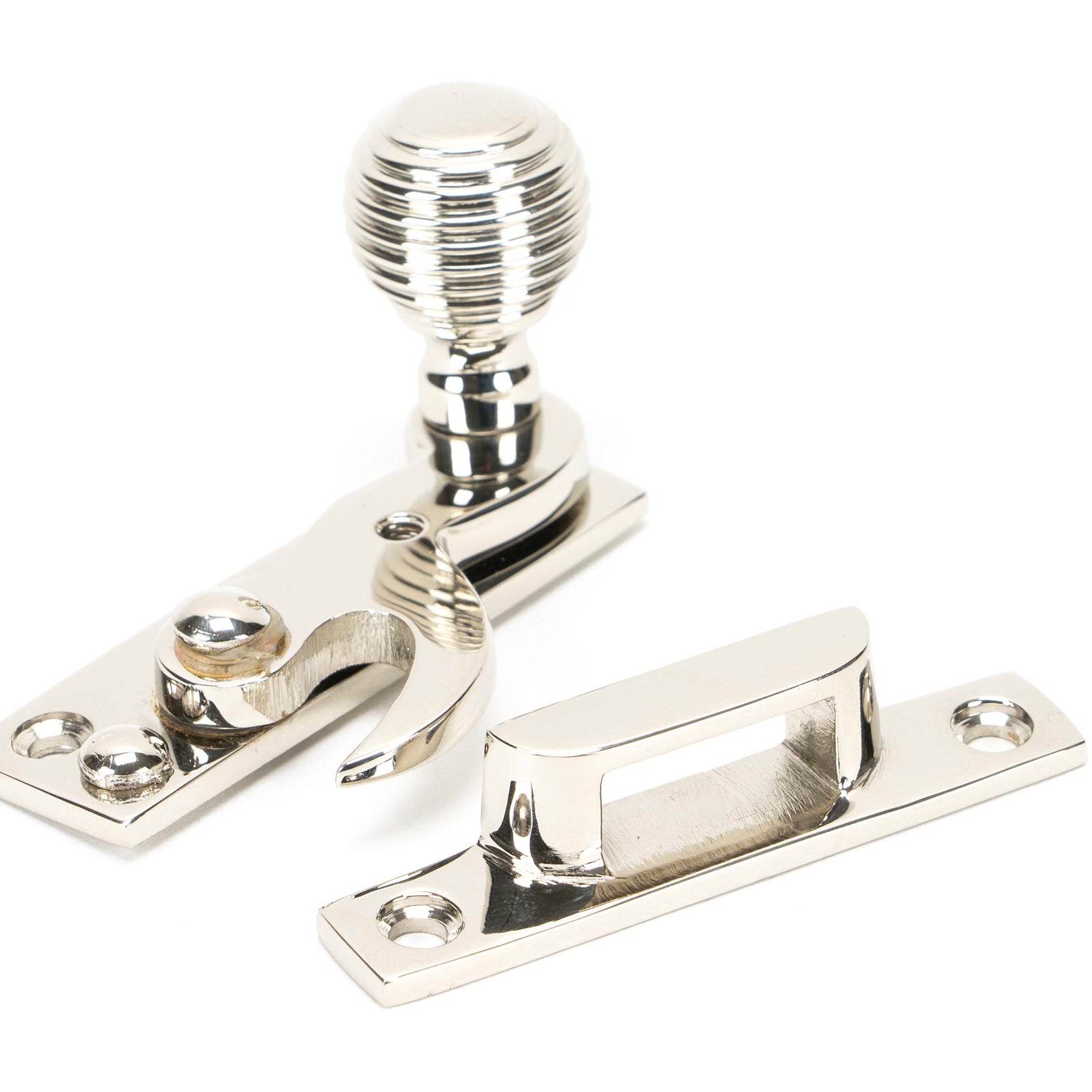From The Anvil's Polished Nickel Beehive Sash Hook Fastener