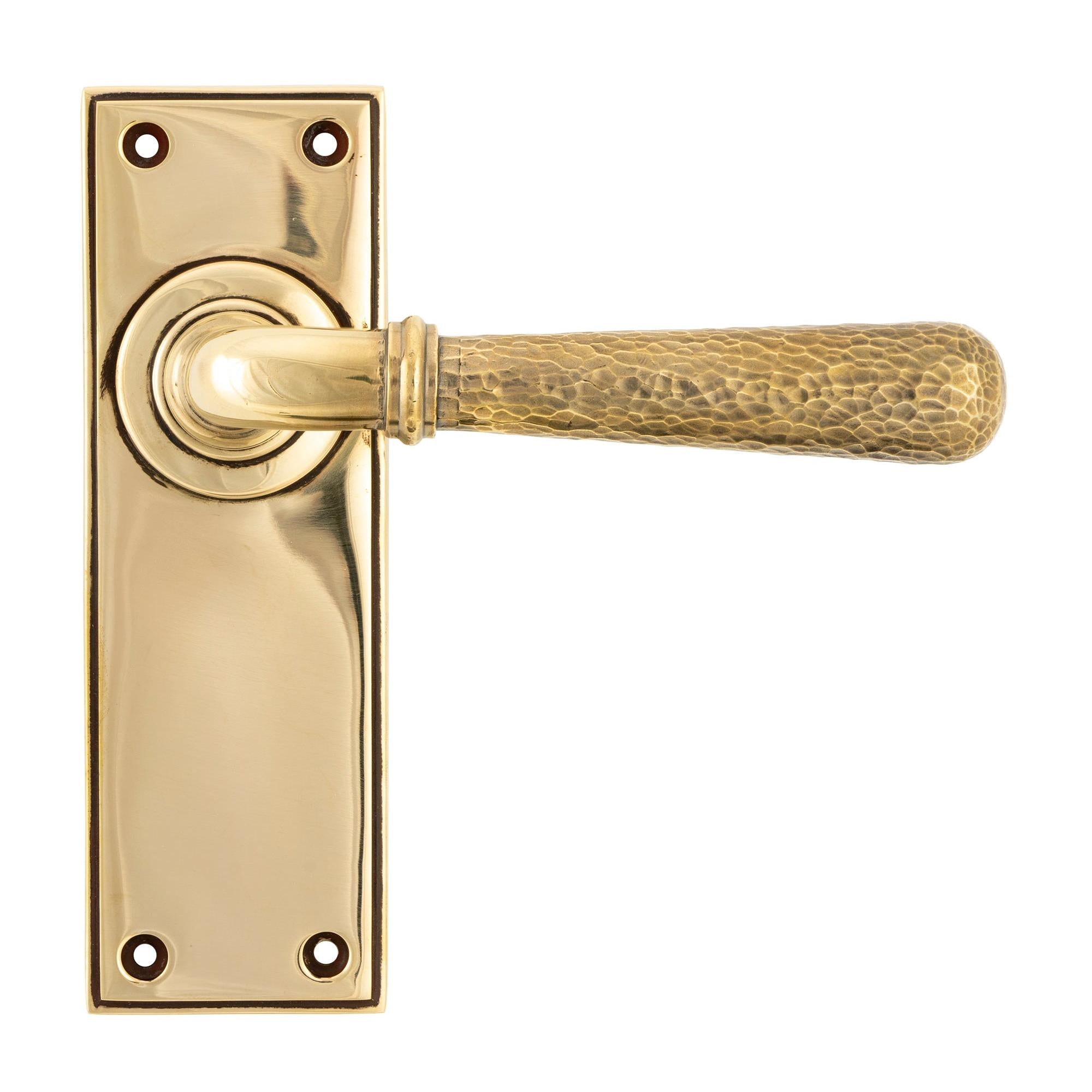 From The Anvil's Aged Brass Hammered Newbury Lever Latch Set