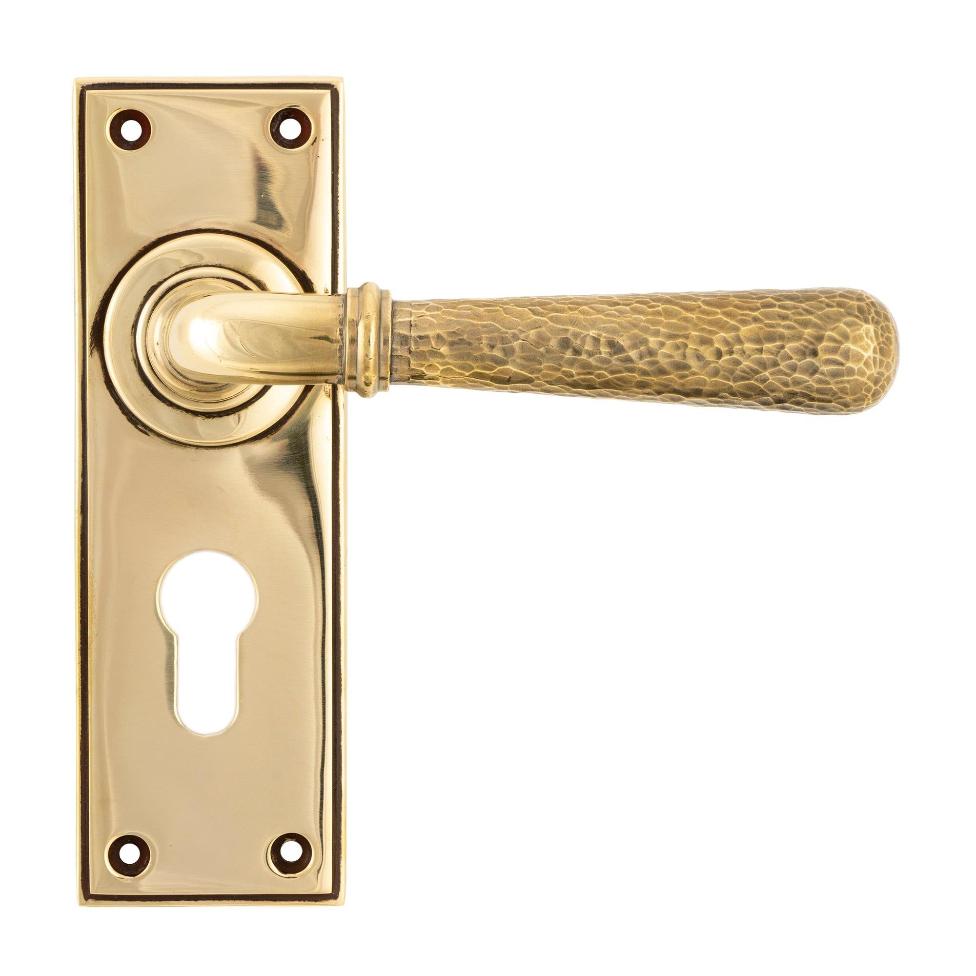 From The Anvil's Aged Brass Hammered Newbury Lever Euro Lock Set
