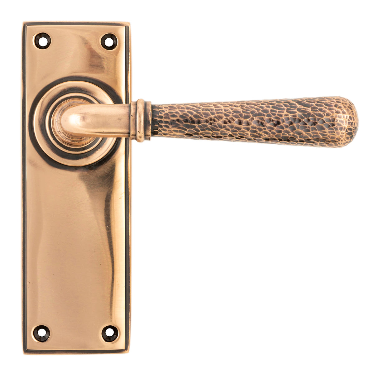 From The Anvil's Polished Bronze Hammered Newbury Lever Latch Set