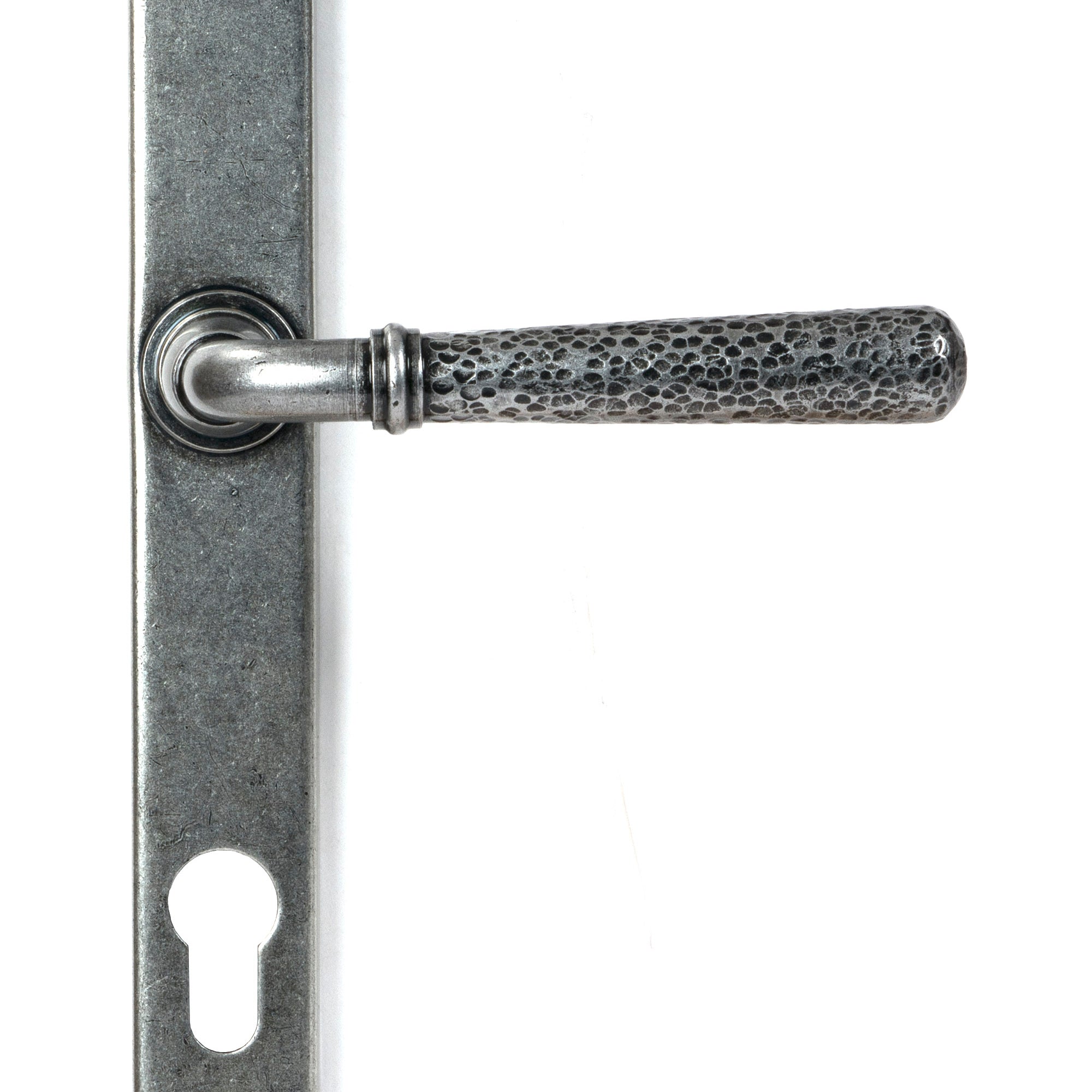 From The Anvil's Pewter Patina Hammered Newbury Slimline Espag. Lock Set
