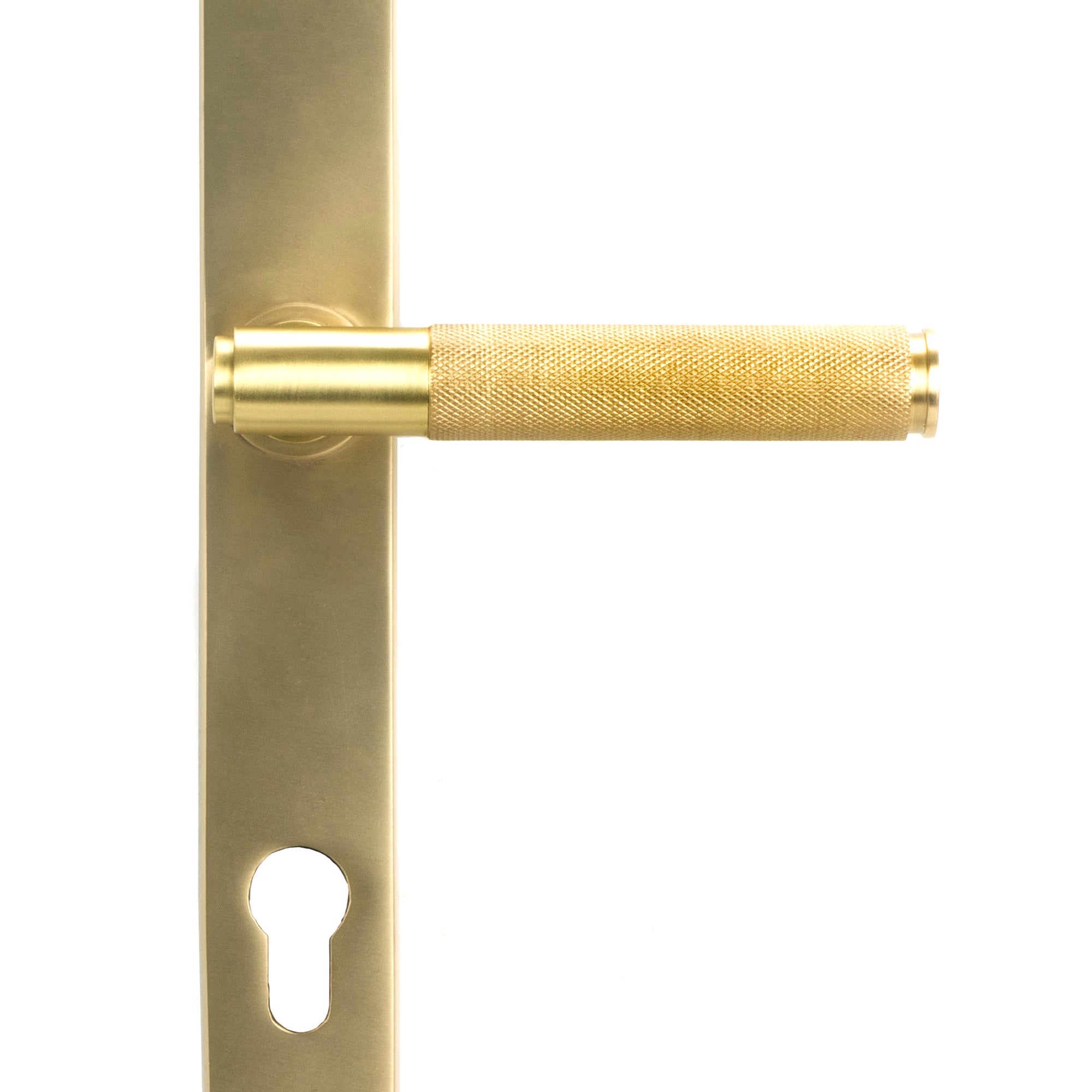 From The Anvil's Satin Brass Brompton Slimline Lever Espag. Lock Set