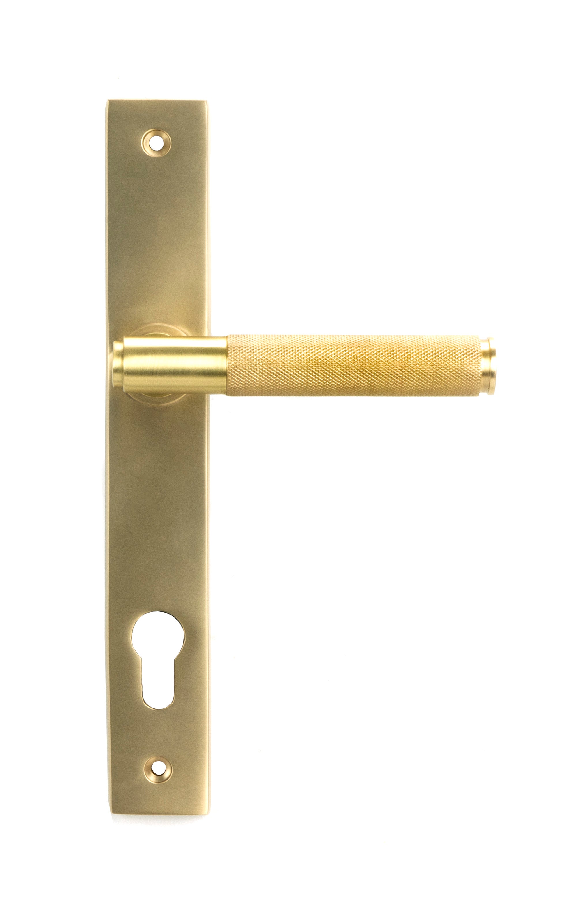 From The Anvil's Satin Brass Brompton Slimline Lever Espag. Lock Set