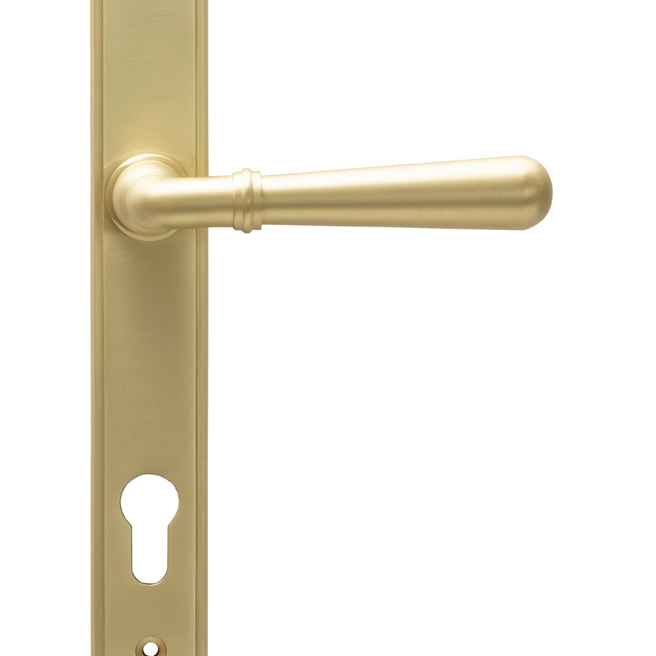 From The Anvil's Satin Brass Newbury Slimline Lever Espag. Lock Set