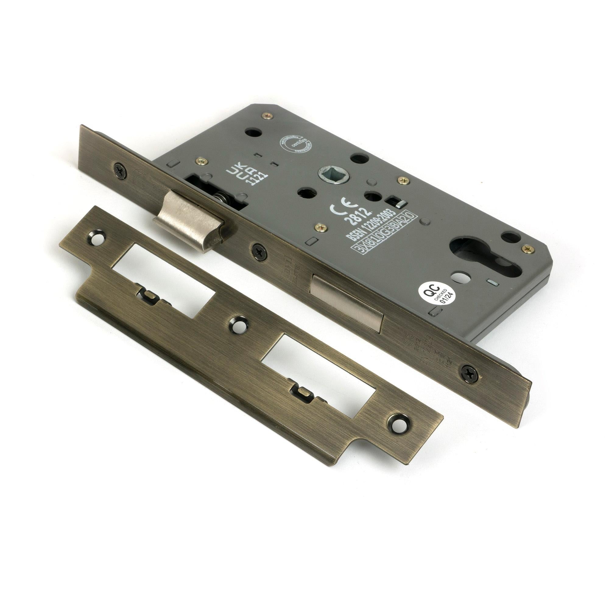 From The Anvil's Aged Brass Euro Din Sash Lock - 60mm Backset/72mm Centre