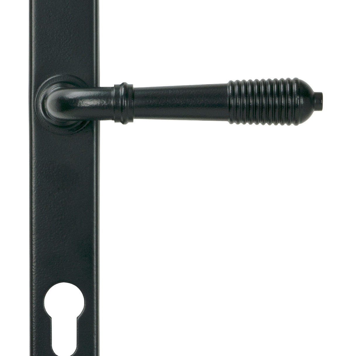 From The Anvil's Matt Black Reeded Slimline Lever Espag. Lock Set