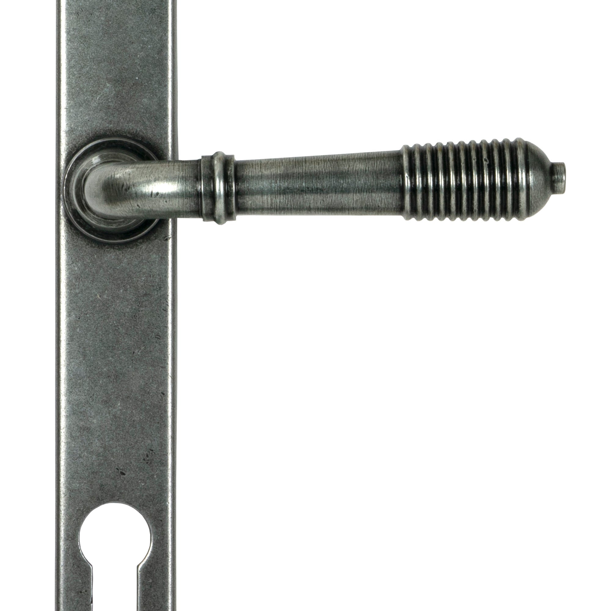 From The Anvil's Pewter Patina Reeded Slimline Lever Espag. Lock Set