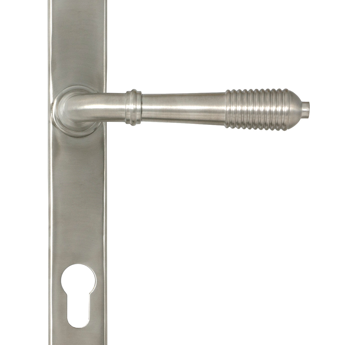 From The Anvil's Satin Marine SS (316) Reeded Slimline Lever Espag. Lock Set