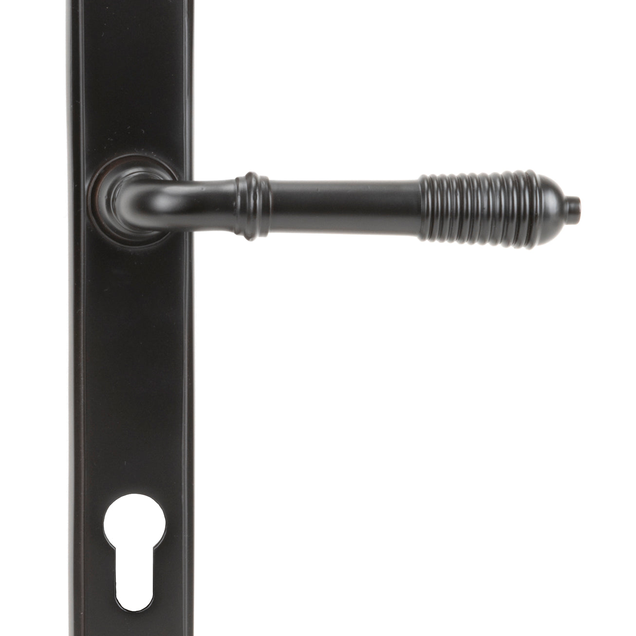 From The Anvil's Aged Bronze Reeded Slimline Lever Espag. Lock Set