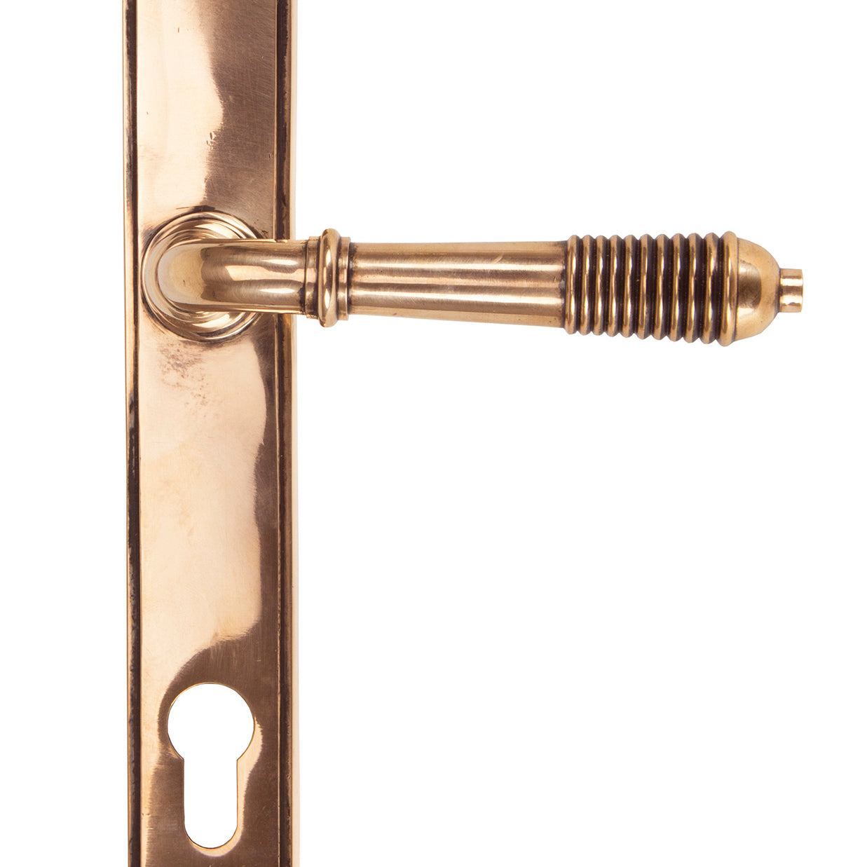 From The Anvil's Polished Bronze Reeded Slimline Lever Espag. Lock Set
