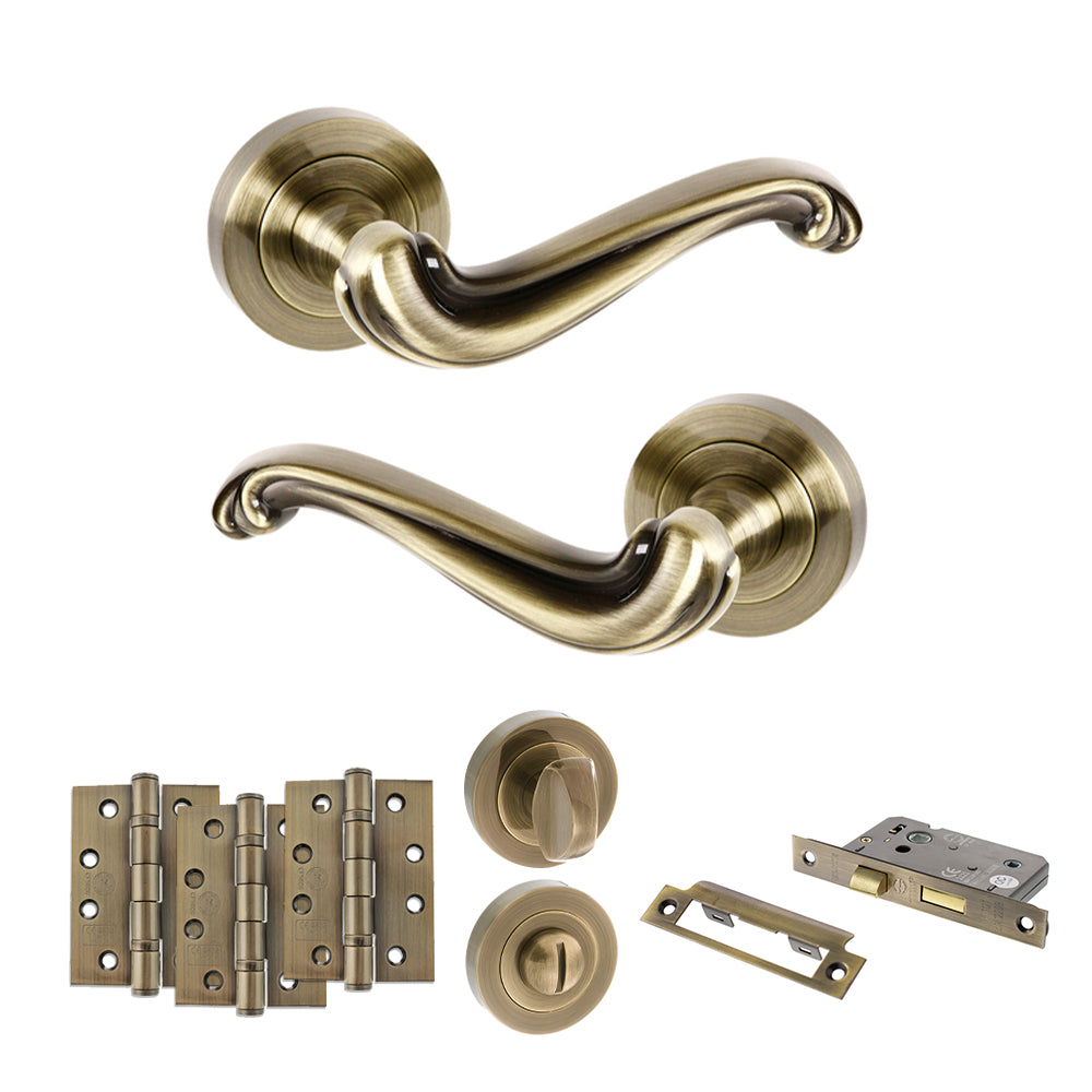 Old English Colchester Door Handle Pack in Antique Brass