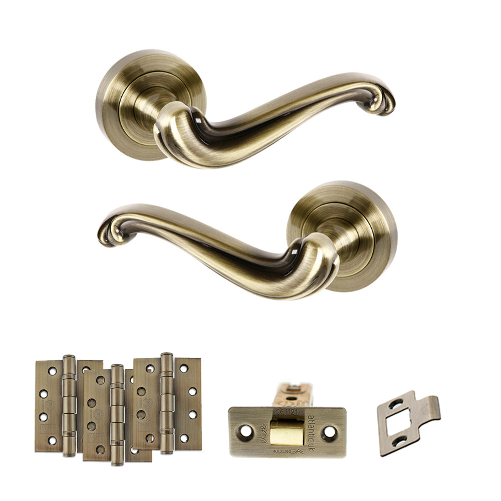 Old English Colchester Door Handle Pack in Antique Brass