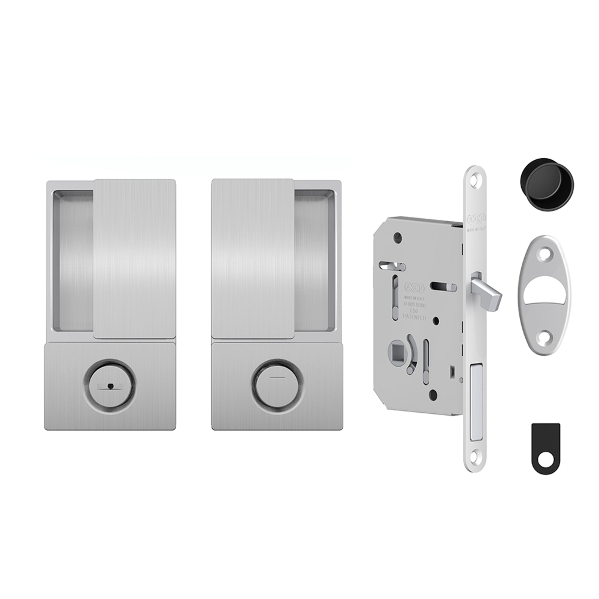 AGB Wave Flush Pocket Door Handle & Bathroom Lock Set - Satin Chrome