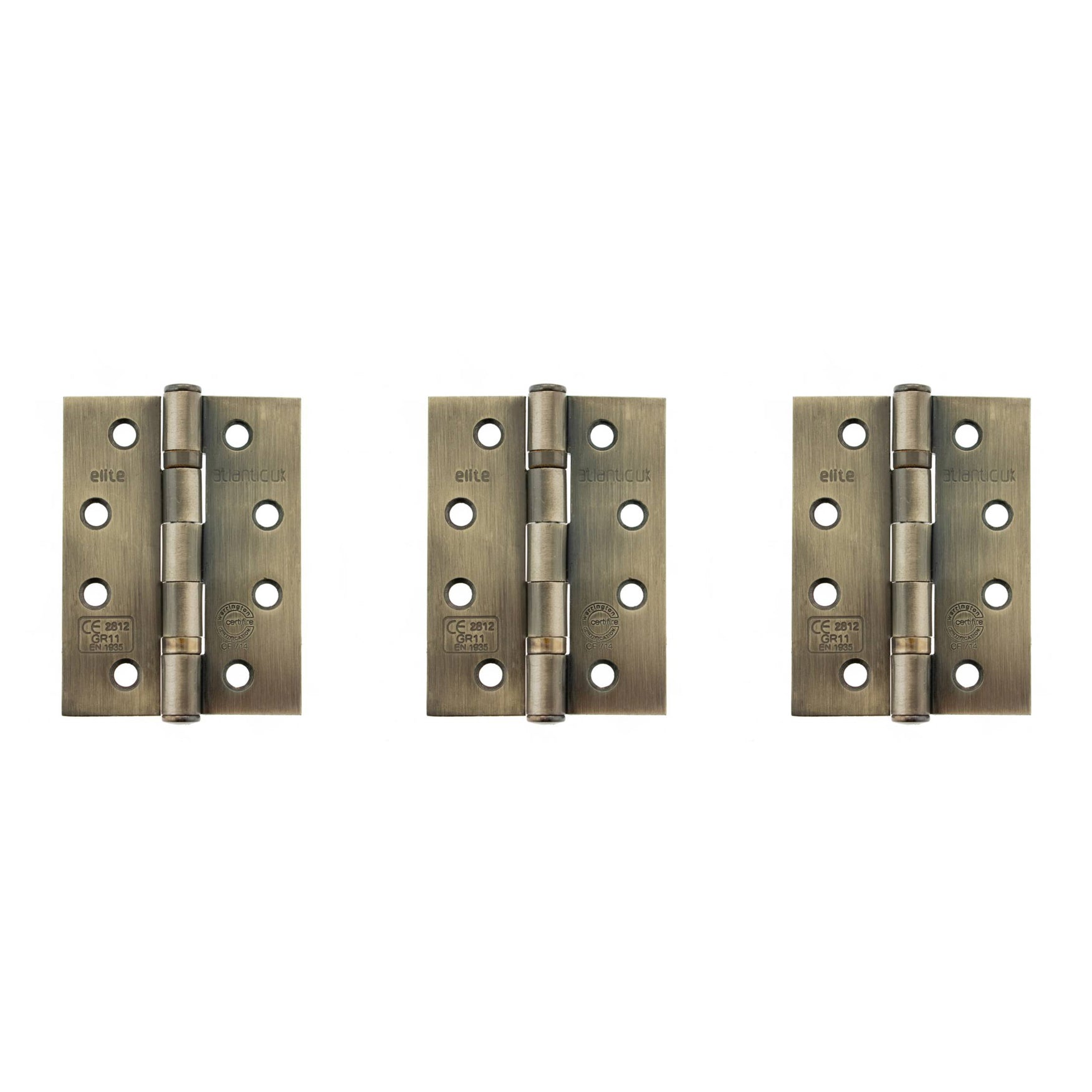Atlantic Ball Bearing Hinges Grade 11 Fire Rated 4" x 3" x 2.5mm set of 3 - Antique Brass