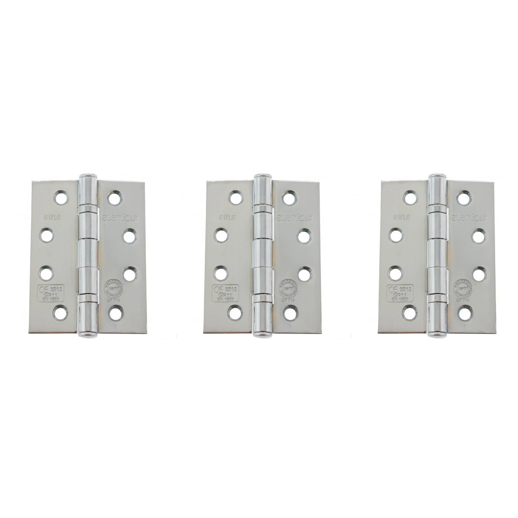 Atlantic Ball Bearing Hinges Grade 11 Fire Rated 4" x 3" x 2.5mm set of 3 - Polished Chrome
