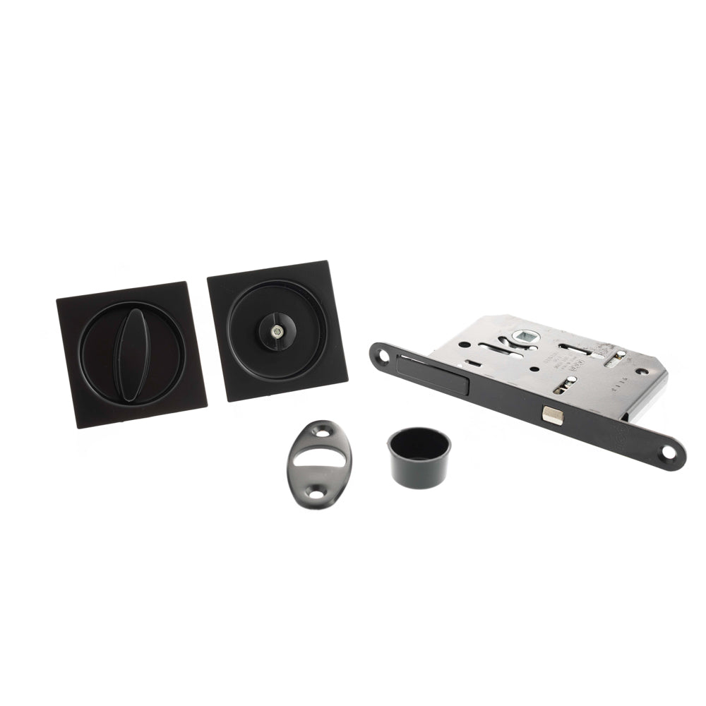 AGB Sliding Door Bathroom Lock Set with Square Flush Handle - Matt Black