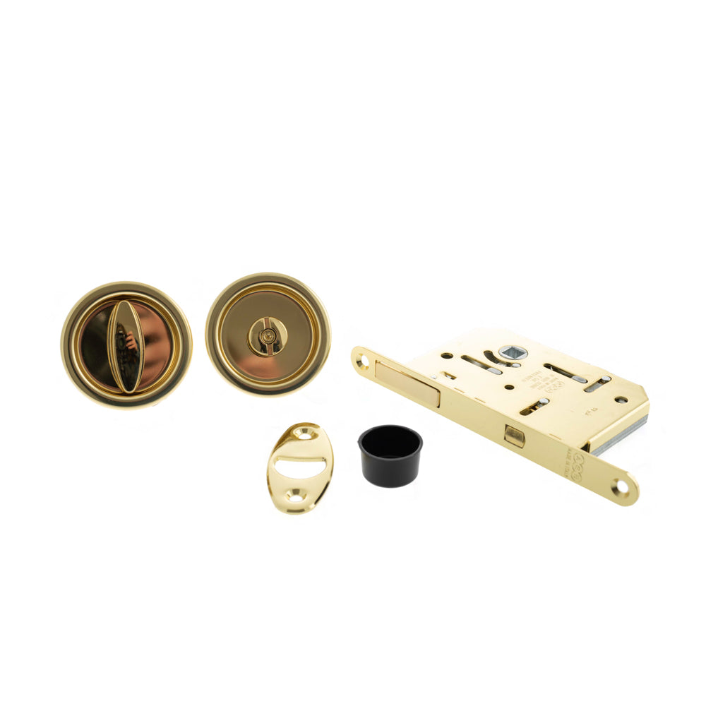 AGB Sliding Door Bathroom Lock Set with Round Flush Handle - Polished Brass