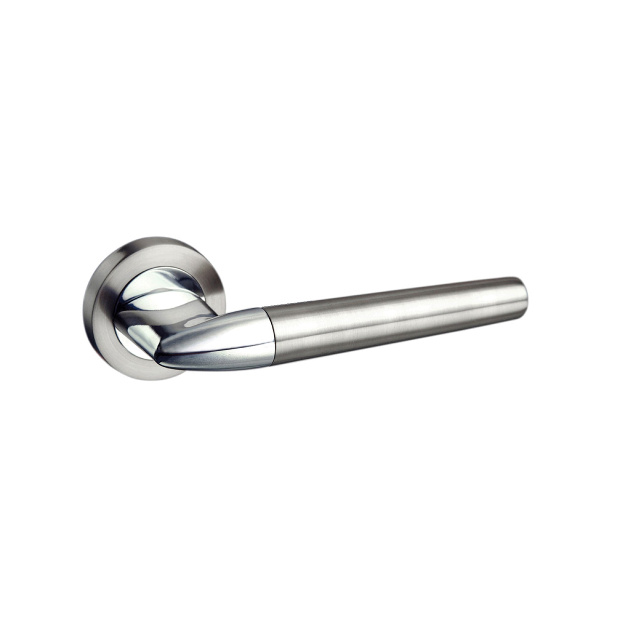 Mediterranean Toulon Lever Door Handle on Round Rose - Satin Nickel/Polished Chrome