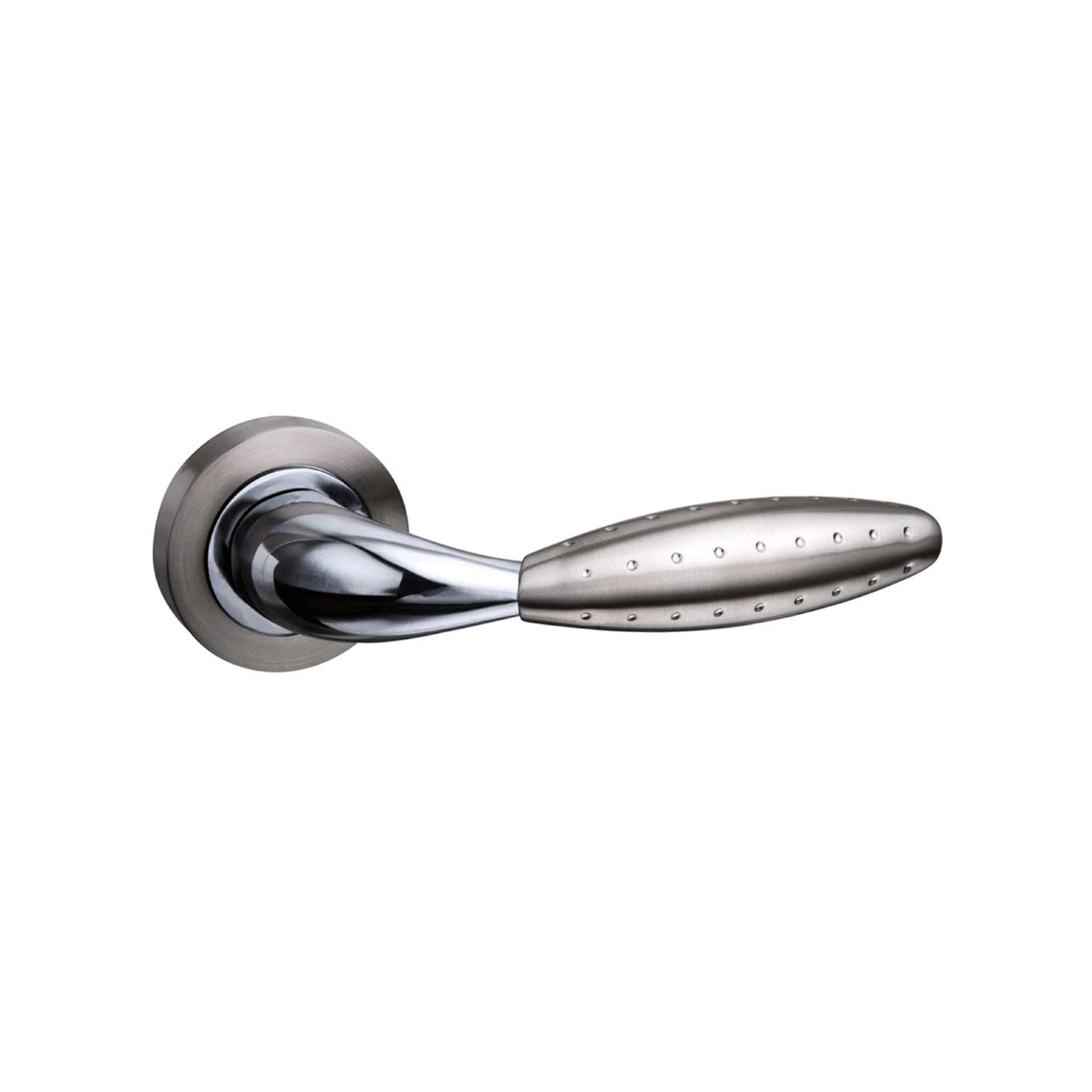 Mediterranean Oran Lever Door Handle on Round Rose - Satin Nickel/Polished Chrome