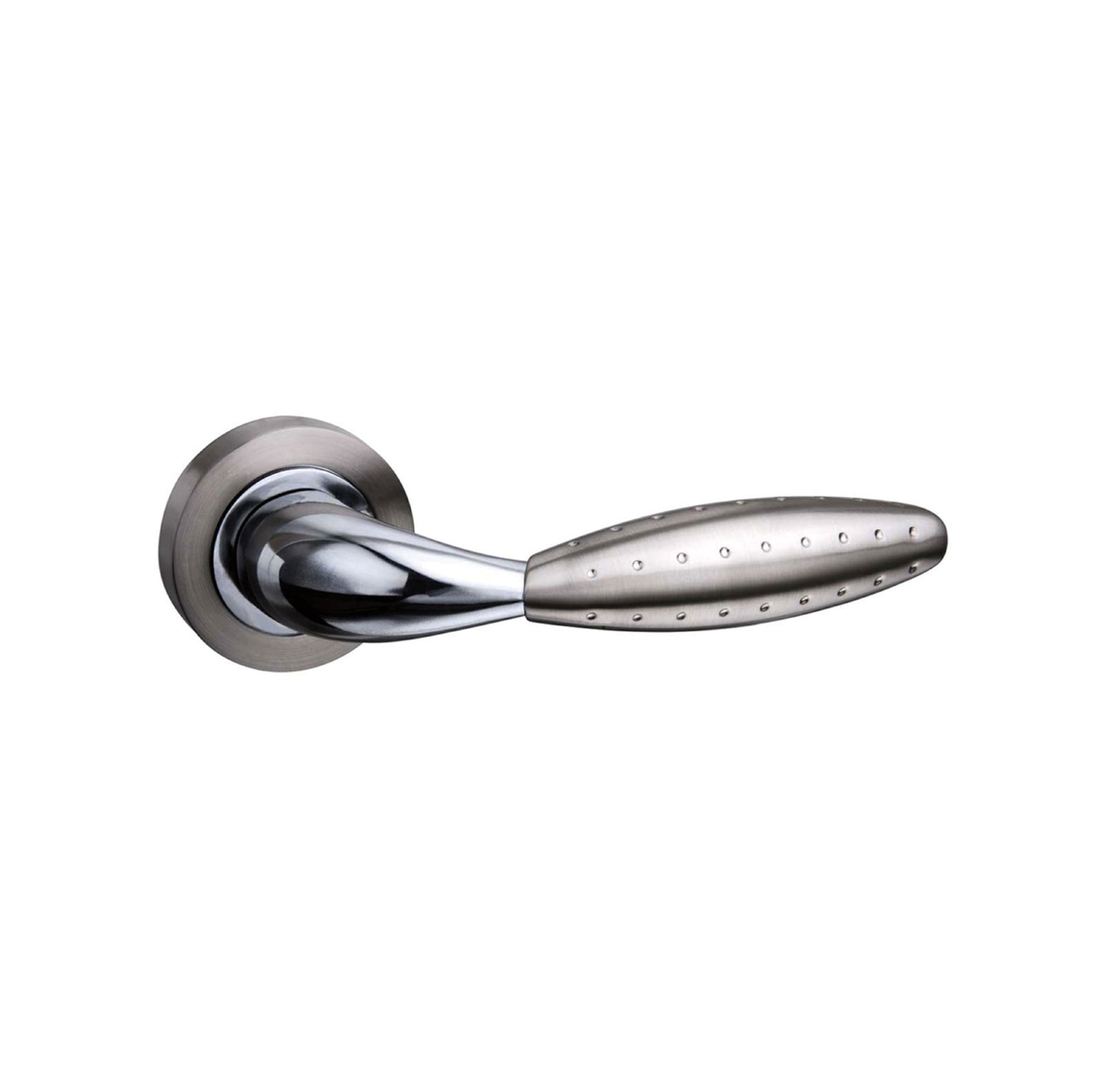 Mediterranean Oran Lever Door Handle on Round Rose - Satin Nickel/Polished Chrome