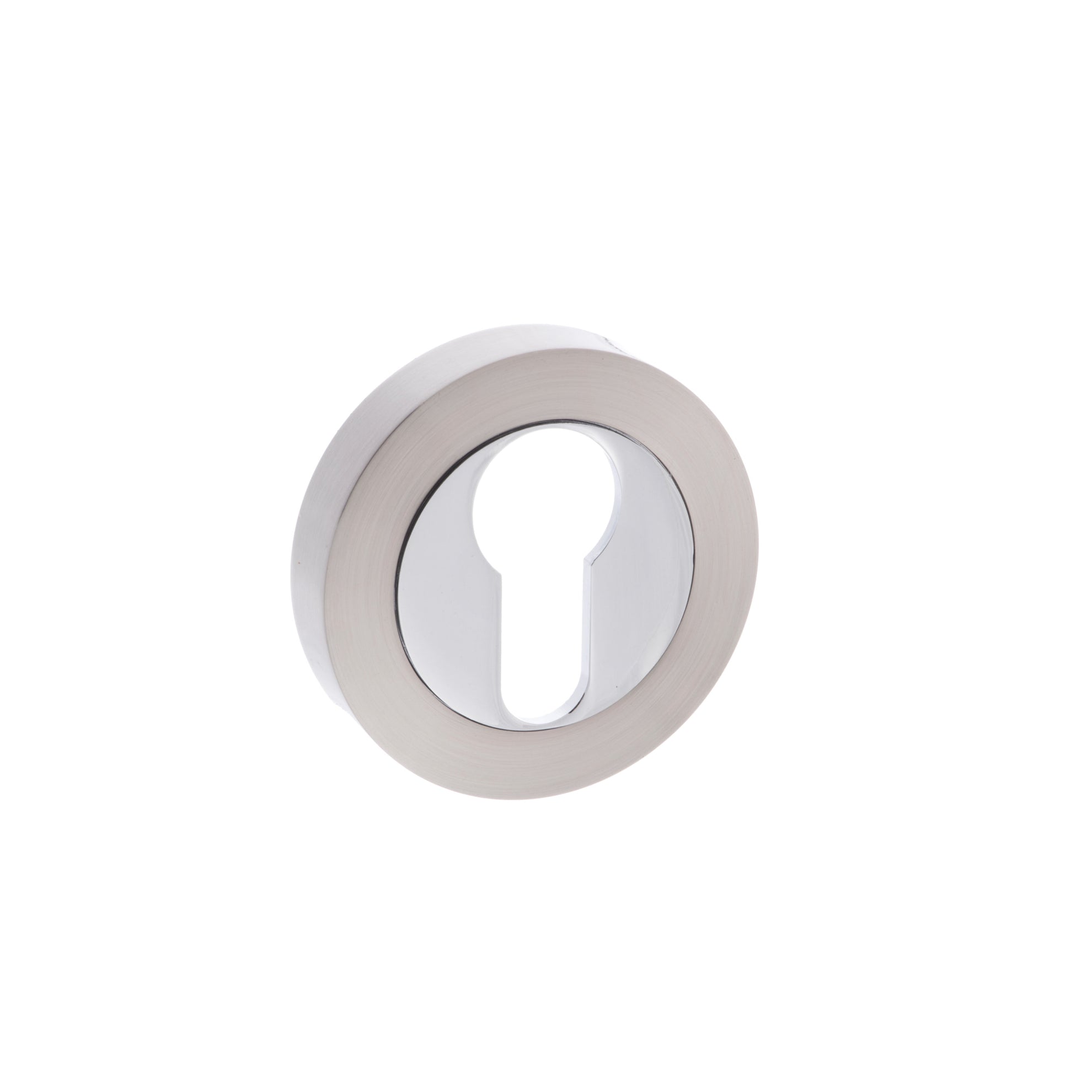 Mediterranean Euro Escutcheons on Round Rose - Satin Nickel/Polished Chrome
