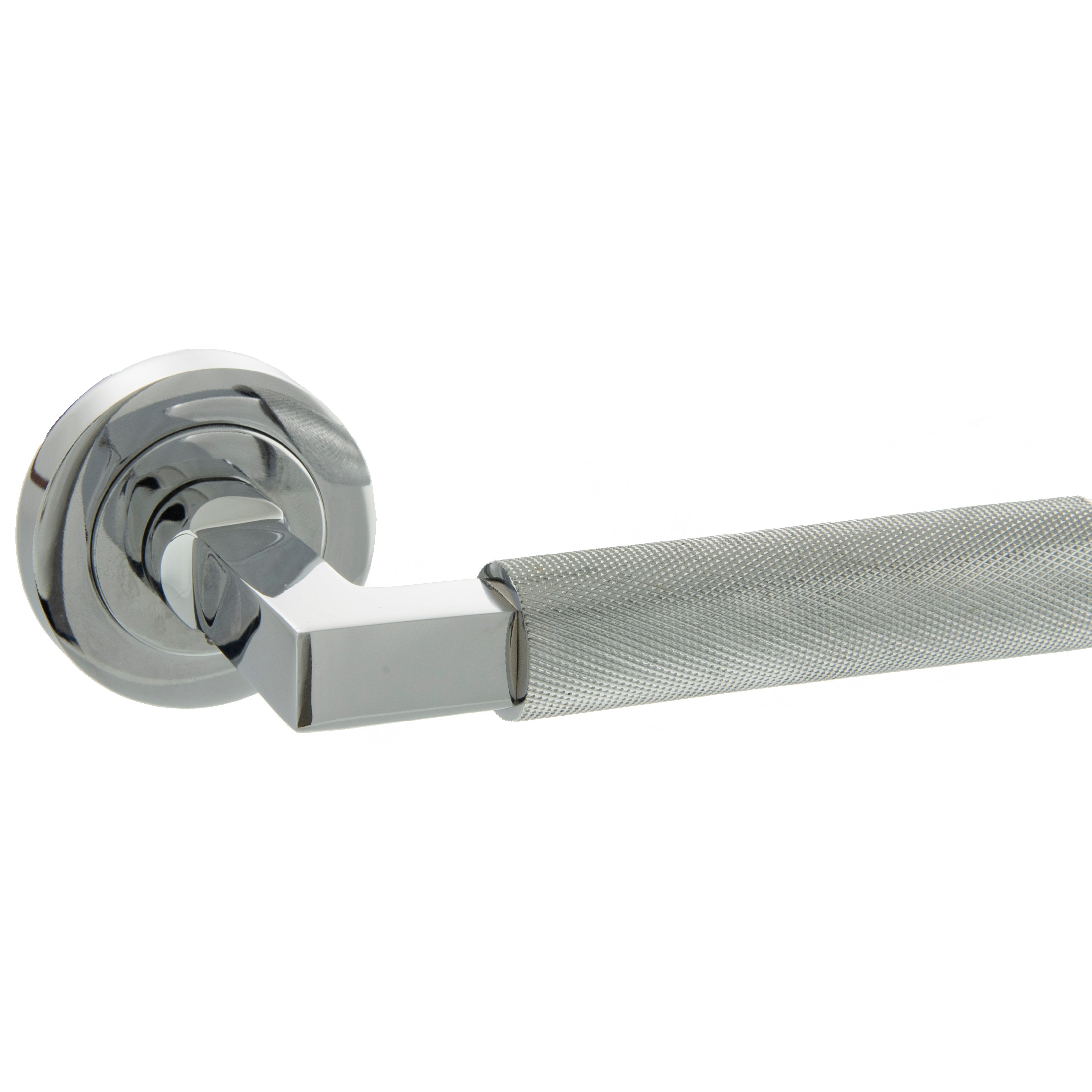 Millhouse Brass Cartwright Knurled Lever Door Handle on Round Rose - Polished Chrome