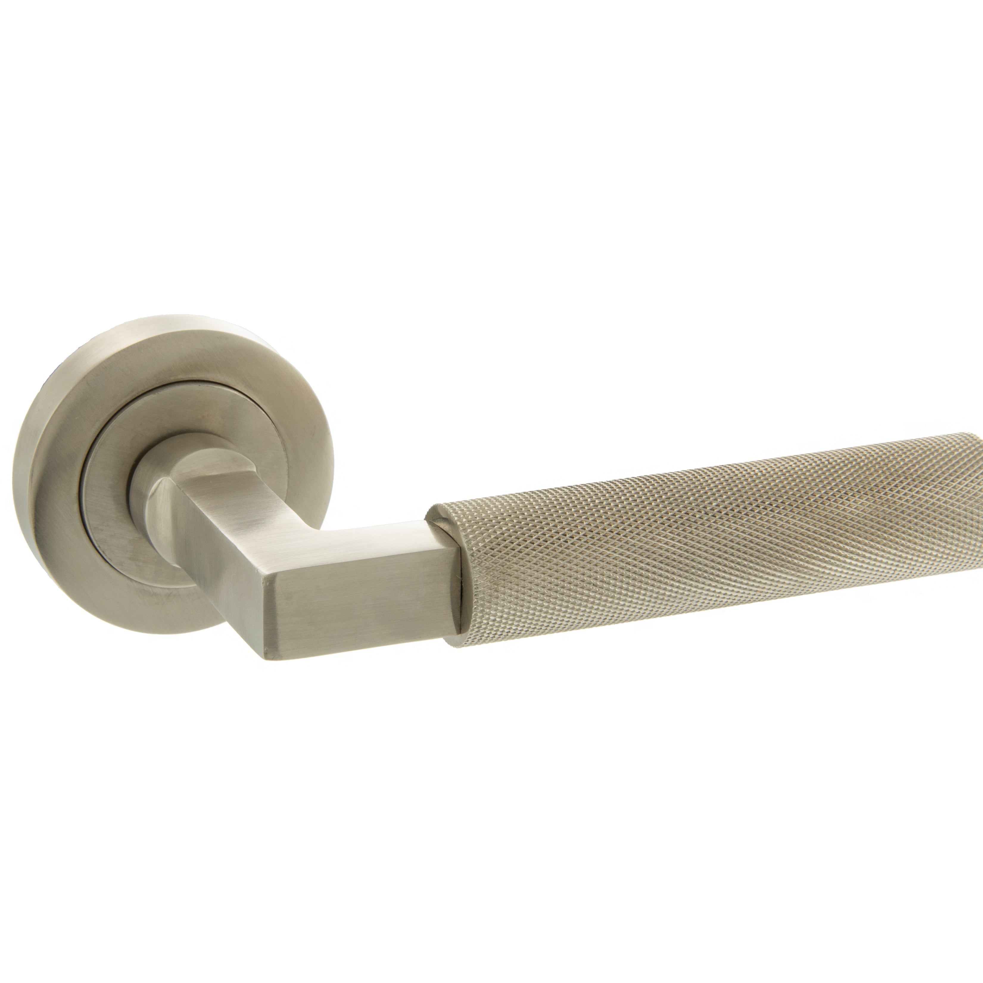 Millhouse Brass Cartwright Knurled Lever Door Handle on Round Rose - Satin Nickel