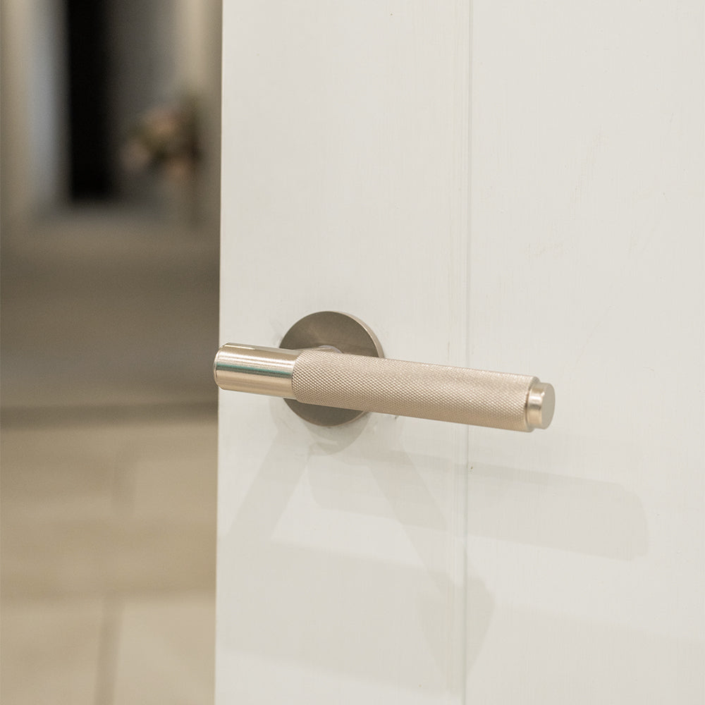 Millhouse Brass Crompton Knurled Lever Door Handle on 5mm Slimline Round Rose