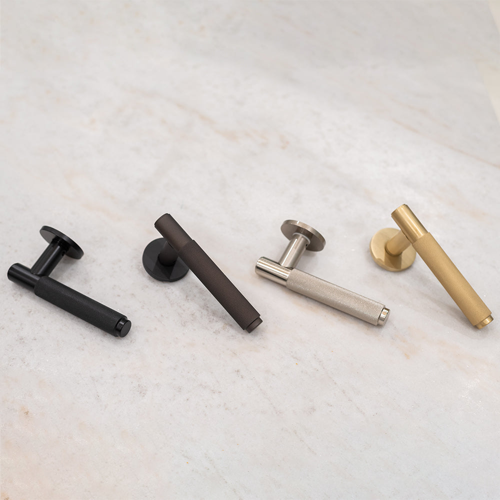 Millhouse Brass Crompton Knurled Lever Door Handle on 5mm Slimline Round Rose