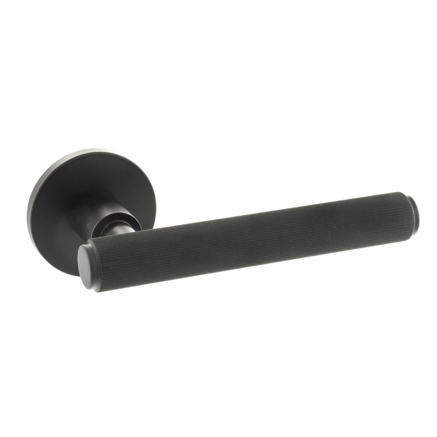 Millhouse Brass Stephenson Knurled Lever Door Handle on 5mm Slimline Round Rose - Matt Black