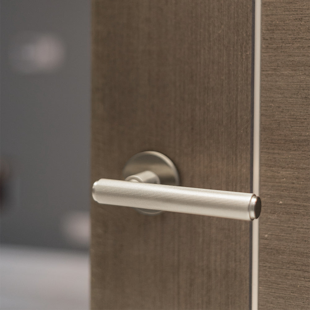 Millhouse Brass Stephenson Knurled Lever Door Handle on 5mm Slimline Round Rose