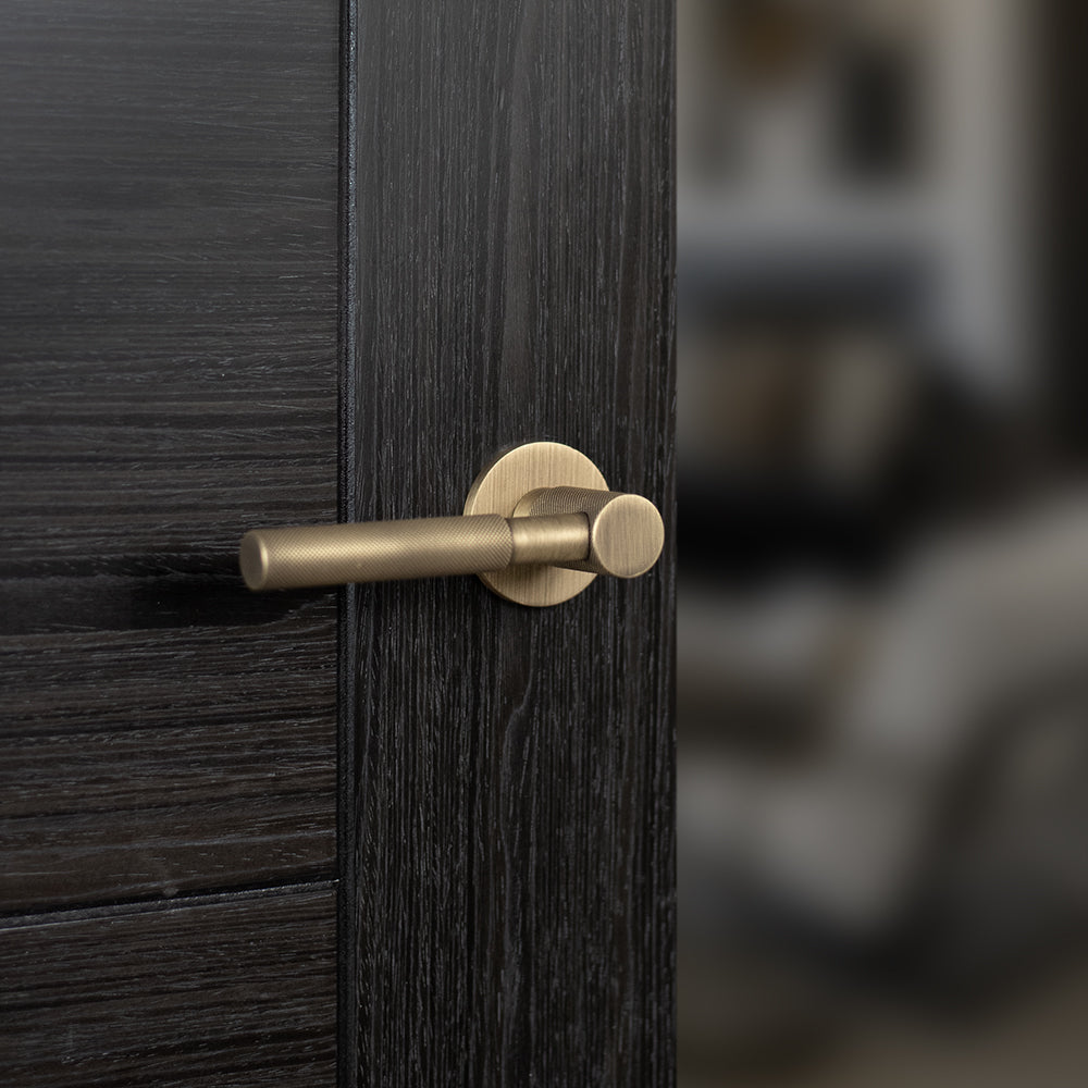 Millhouse Brass Mason Knurled Lever Door Handle on 5mm Slimline Round Rose