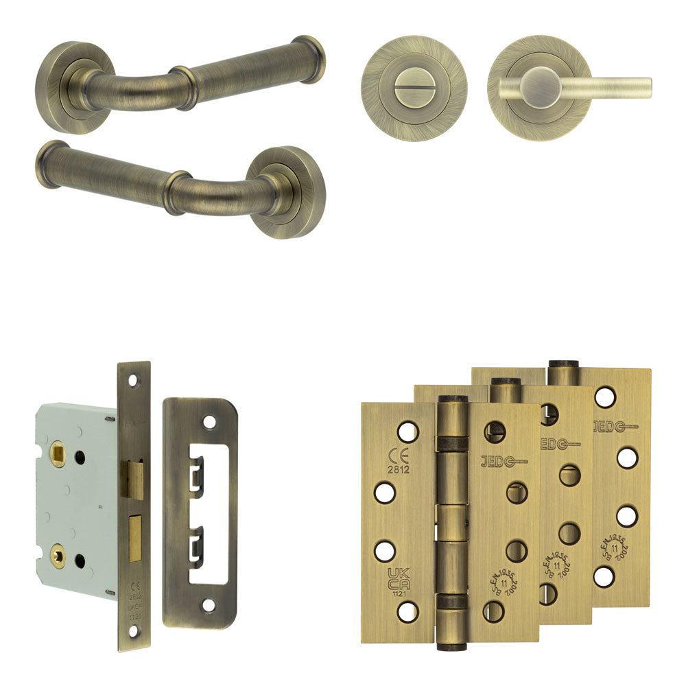 Complete Classic Door Handle Pack - Bathroom - Antique Brass - 76mm / 4" / Easy Thumb Turn & Lock