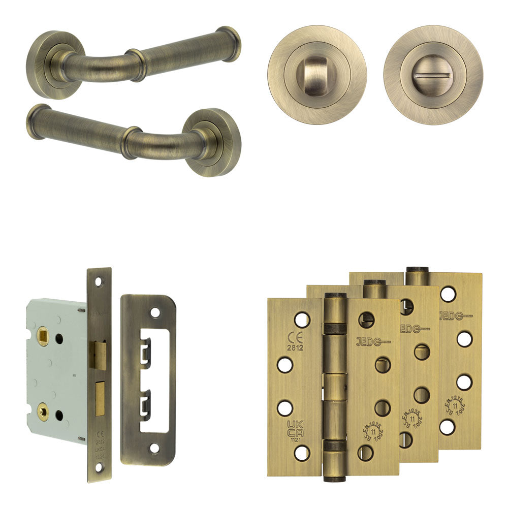 Complete Classic Door Handle Pack - Bathroom - Antique Brass - 76mm / 4" / Designer Round Turn & Release