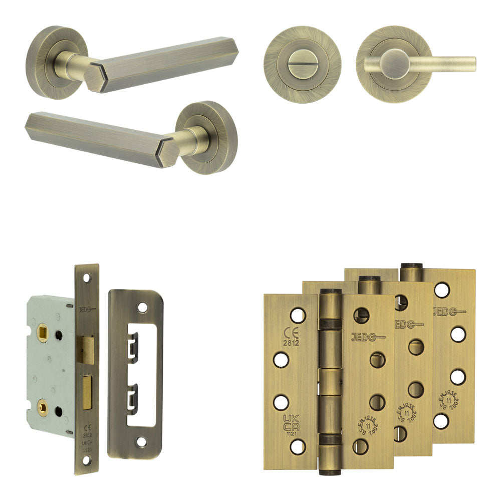 Complete Hex Door Handle Pack - Bathroom - Antique Brass - 65mm / 4" / Easy Thumb Turn & Lock