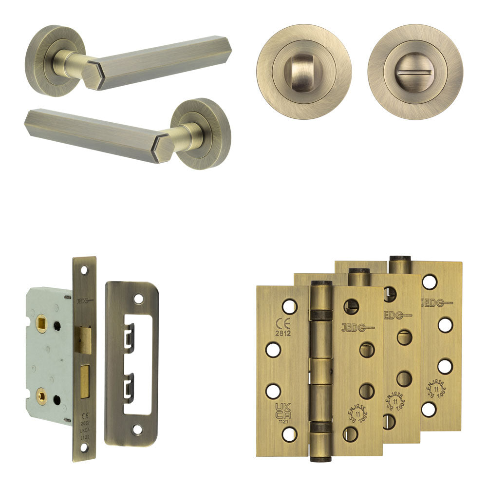 Complete Hex Door Handle Pack - Bathroom - Antique Brass - 65mm / 4" / Designer Round Turn & Release