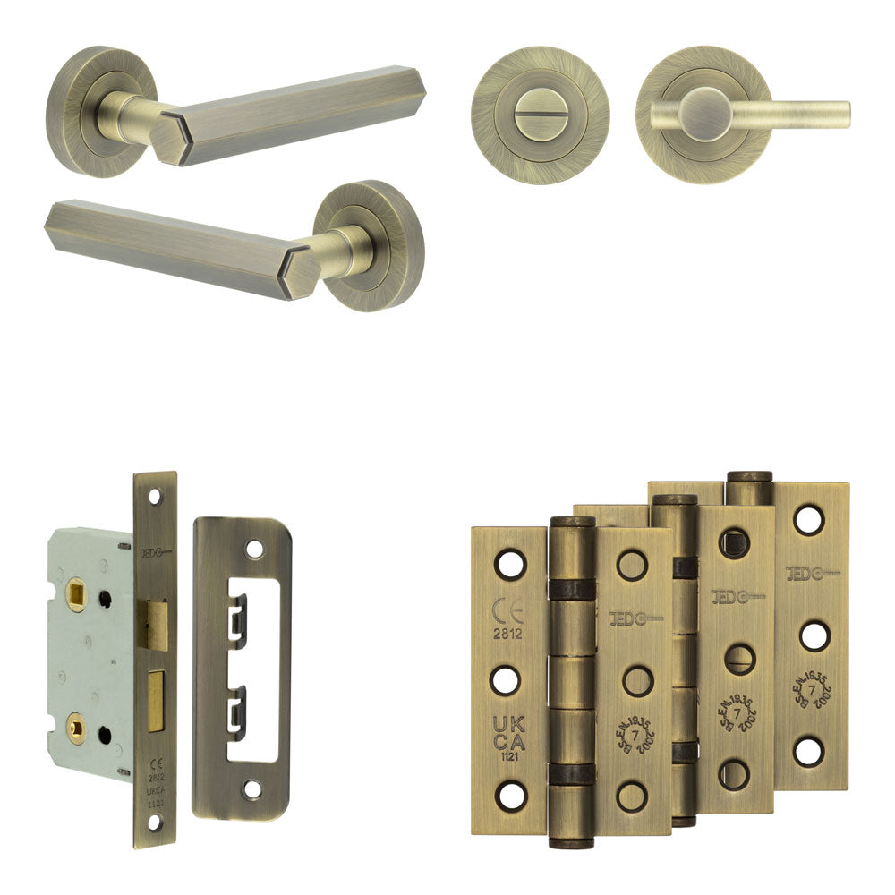 Complete Hex Door Handle Pack - Bathroom - Antique Brass - 65mm / 3" / Easy Thumb Turn & Lock