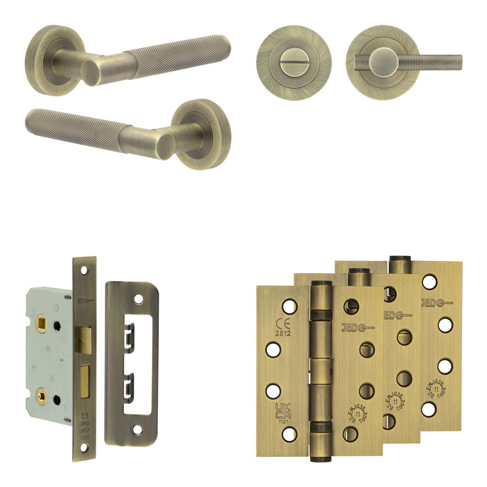 Complete Bari Door Handle Pack - Bathroom - Antique Brass - 65mm / 4" / Bari Knurled Turn & Release