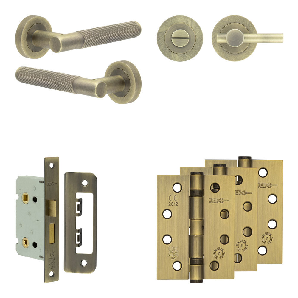 Complete Bari Door Handle Pack - Bathroom - Antique Brass - 65mm / 4" / Easy Thumb Turn & Lock