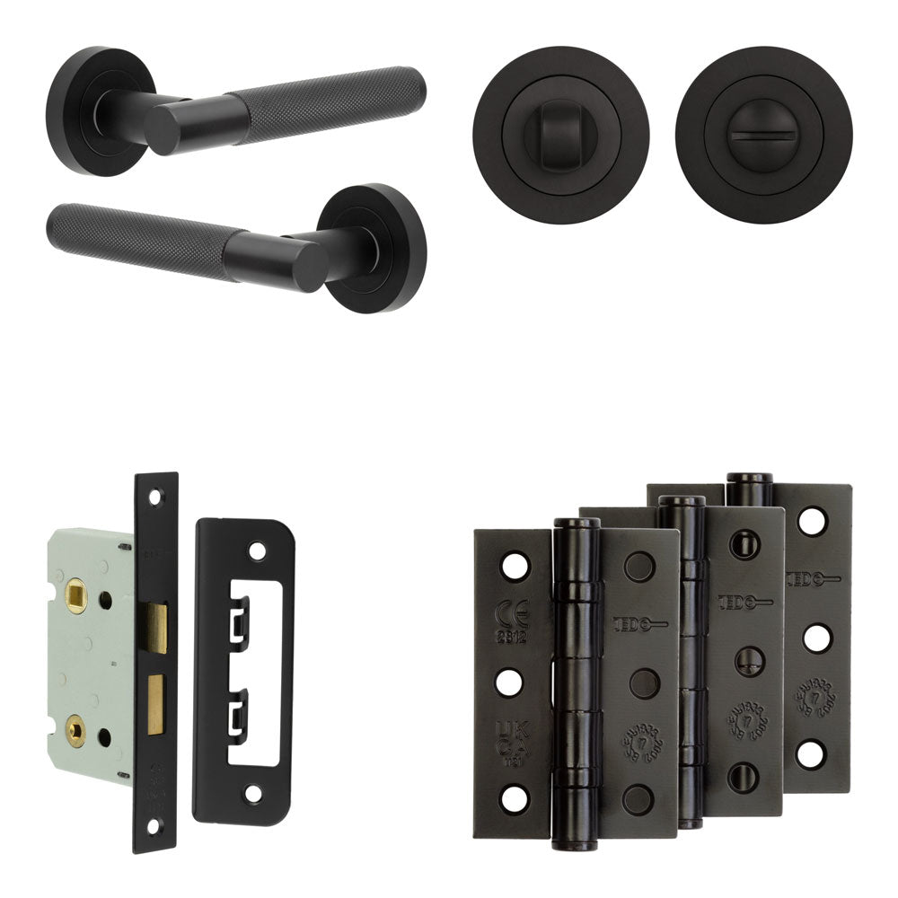Complete Bari Door Handle Pack - Bathroom - Black - 65mm / 3" / Designer Round Turn & Release