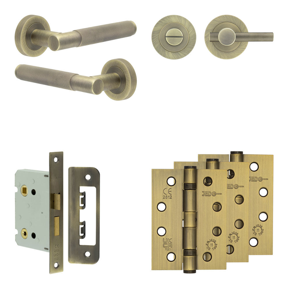 Complete Bari Door Handle Pack - Bathroom - Antique Brass - 76mm / 4" / Bari Knurled Turn & Release